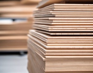 Stack of premium quality plywood for display