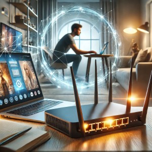 A modern home office with a high speed internet connection showing a pers