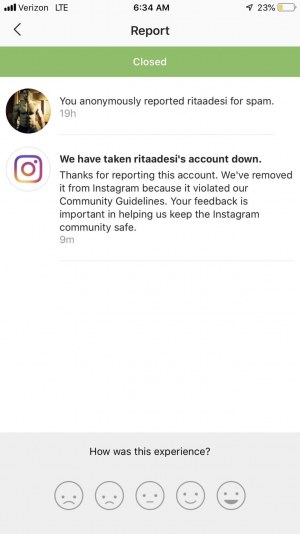 Scam account taken down by Instagram