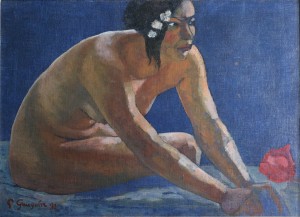 Paul Gauguin Nue tahitienne assise avec fleur rouge