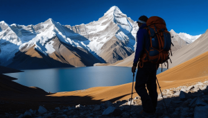trekker standing infront of the manaslu peak and glaceir lake
