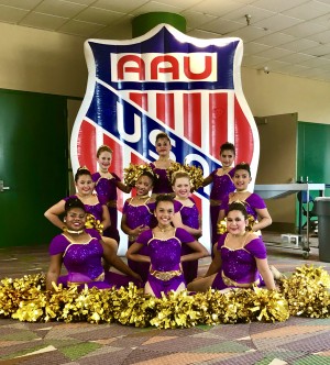 Gold medal-winning Junior Olympic Team. Beginning from Back Row:  Jocelyn Foran, Faith Velasquez, Adriana Drescher, Isabel Bravo, Sanai Creavalle, Valerie Kozarin, Emma Diaz, Janai Oladapo, Sydney Manarite-Diaz, Samaria Castro.