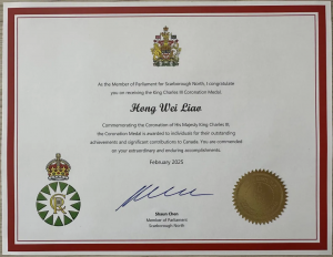Honoring Winnie Hong Wei Liao Recipient of the King Charles III Coronation Medal for Outstanding Com