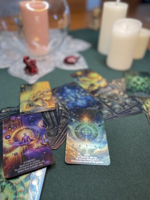 The Oracle cards spread with Values and Priorities in the foreground