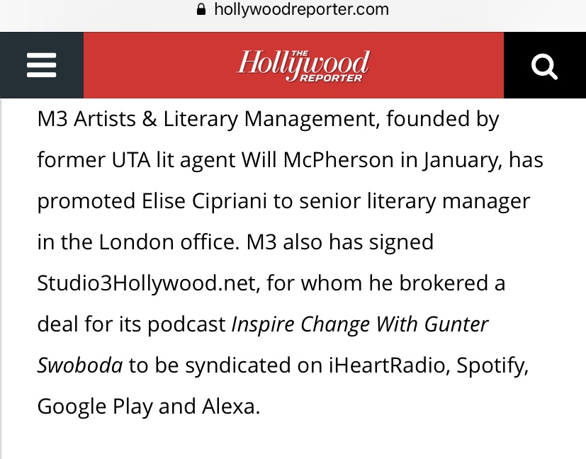 As reported in the trades via The Hollywood Reporter As reported in the trades via The Hollywood Reporter