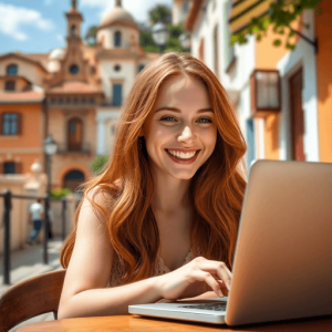 American girl happy while working remotely form spain