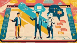 A human and an AI figure standing side by side in front of a giant digital roadmap pointing at diffe