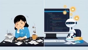 A side by side digital split image on the left a tired human developer with messy code and coffee on