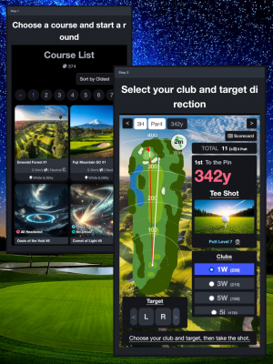 Choose a course and start a round / Select your club and target direction