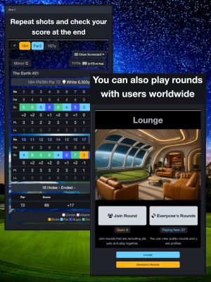 Repeat shots and check your score at the end / You can also play rounds with users worldwide