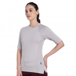 Women Round Neck Light Grey Dry fit Gym T Shirt1