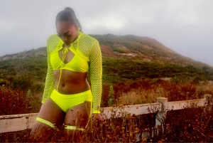 J + Lourice Swimwear- Look Beautiful. Play Effortlessly. Preea wearing  “Fiercely Independent” One piece swimsuit with fishnet jacket and detachable garter belt