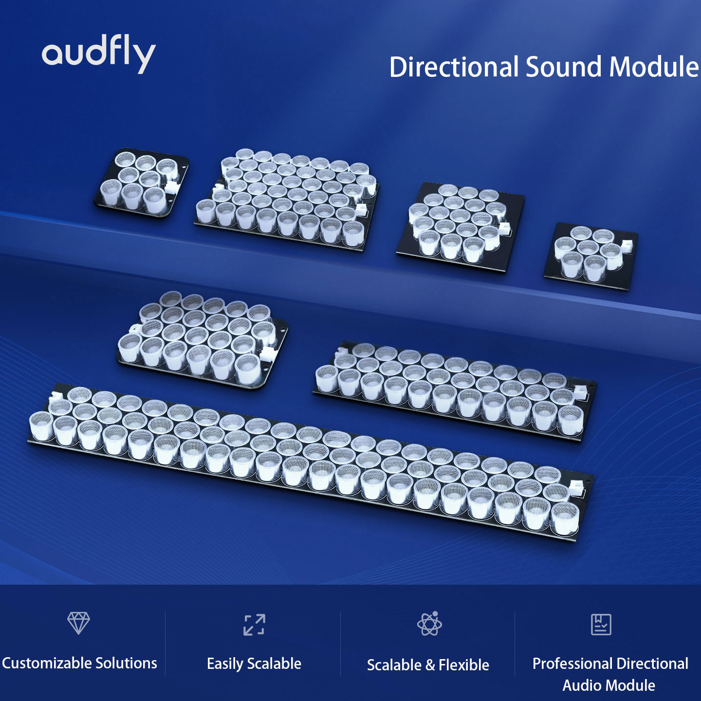 Audfly Alpha series directional audio modules in multiple sizes designed for seamless integration Audfly Alpha series directional audio modules in multiple sizes designed for seamless integration