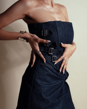 DEEP SPACE DENIM BUCKLED CORSET