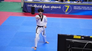 Shincheonji Taekwondo team member Bae Do-won performing poomsae in the individual competition.