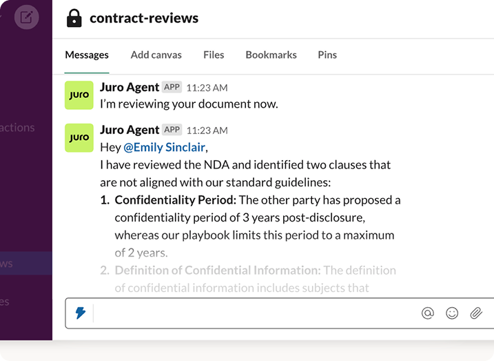 Users can initiate contract review directly from Slack