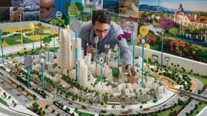 urban planner examining ecofriendly 3d city model with green initiatives sustainable smart city