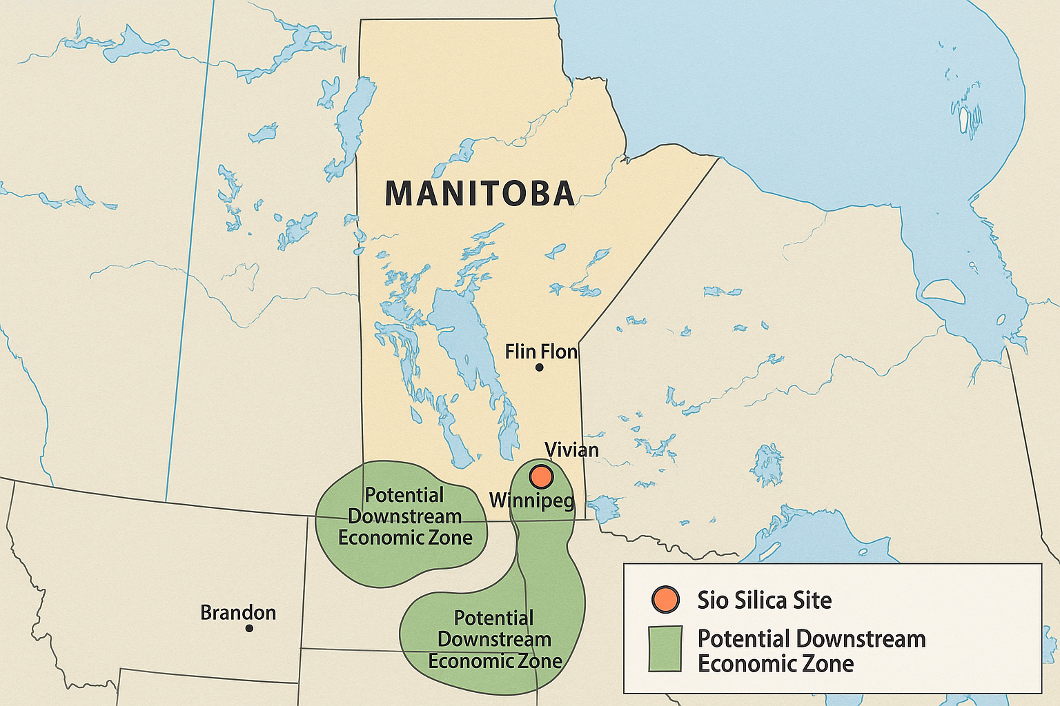 Map of Sio Silica site near Vivian Manitoba with potential downstream economic zones highlighted Map of Sio Silica site near Vivian Manitoba with potential downstream economic zones highlighted