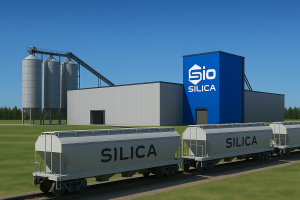 Rendering of Sio Silica’s Vivian, Manitoba plant with bulk silica storage silos.
