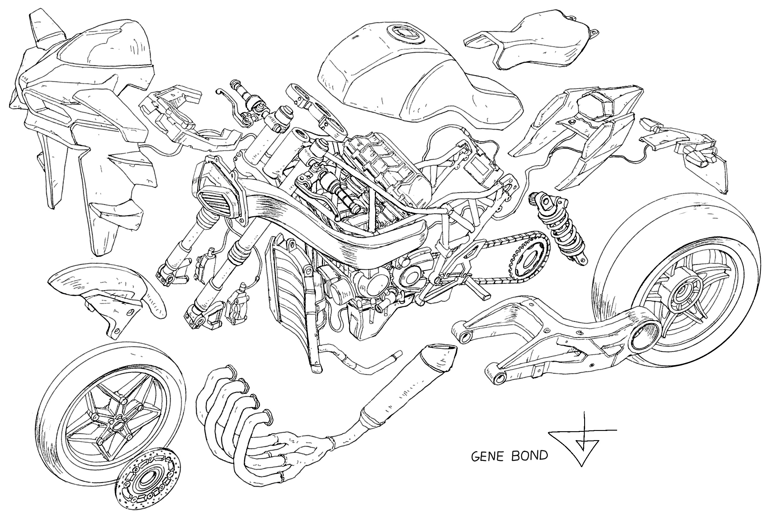 how to draw motorcycles gene bond ducati Explodedview drawing