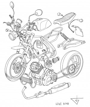 how to draw motorcycles gene bond Cafe Racer Exploded-view drawing