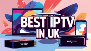 A stylized illustration depicting the name IPTV UK prominently displayed against a background featur
