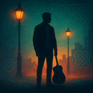 A glowing guitar beneath a lamppost at twilight — symbolizing fusion of Celtic heritage & sound