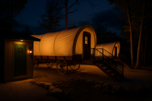 PlainsCraft Covered Glamping Wagon and Shower house at night