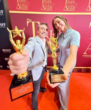 Raúl Peyret and AJ Amber celebrate Home(sick) - A Journey Within’s double win at TINFF 2025.