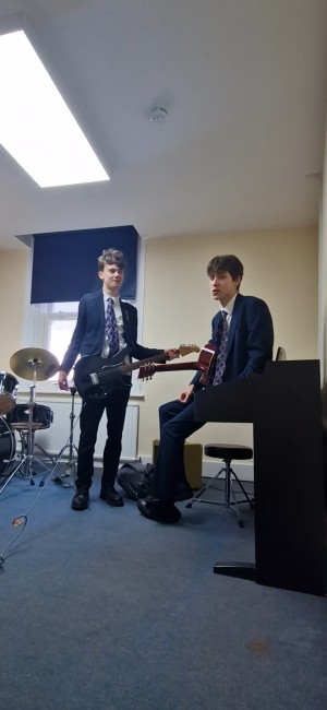 Where it all happens: Roden and Collins on an average Lunch Break writing session in school