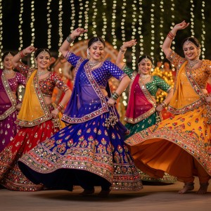 Indian women dancing Garba during Navratri wearing colorful lehenga cholis with mirror work