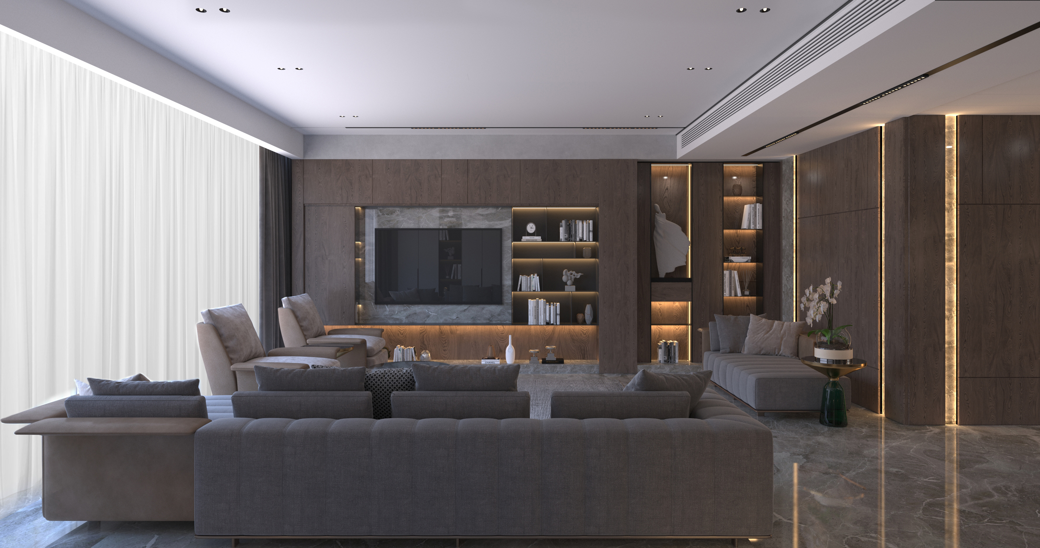 Modern living room with warm lighting and minimalist decor