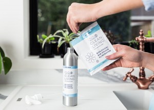 Aluminum bottles are refilled from concentrate sachets