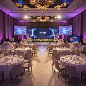 showing an elegant corporate event setup in Bangalore, with professional lighting and branding