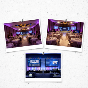 Visual showing hybrid event setup – stage + live streaming screens