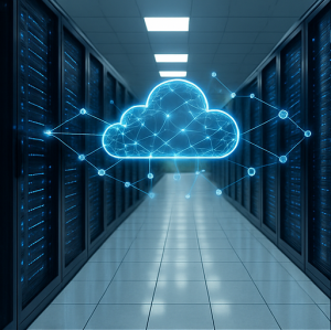 Digital cloud infrastructure visualizing interconnected blockchain nodes.