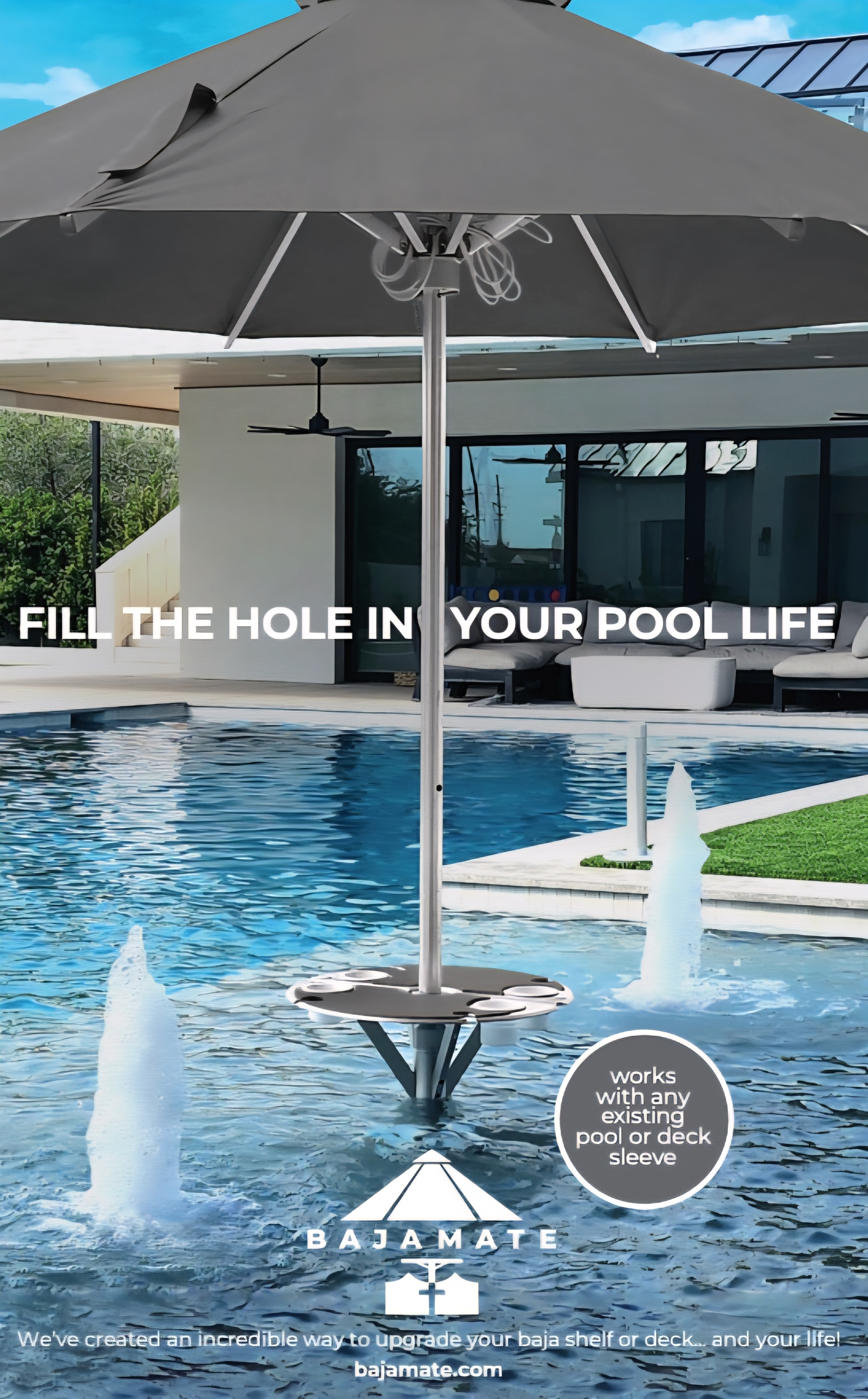 Bajamate grey luxury umbrella in pool with adapter and poolside table