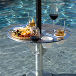 Closeup of Bajamate aluminum inpool table with adapter and snacks with drinks