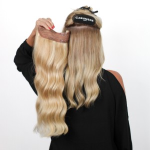 volumizer one piece halo Sunset Blonde cashmere hair clip in hair extensions before and after