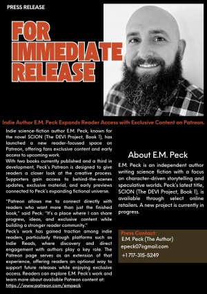 Indie sci-fi author E.M. Peck launches Patreon for exclusive content.