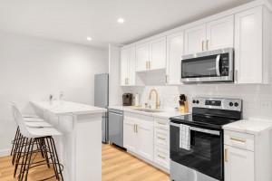 Full kitchen with full-size appliances, dishwasher, oven, quartz counters, and dining bar seating.