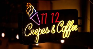 business neon signage for crepes and coffee