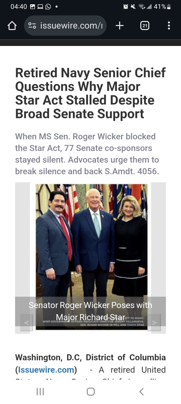 Senator Wicker with Major Richard Stars widow Tonya Star 2021
