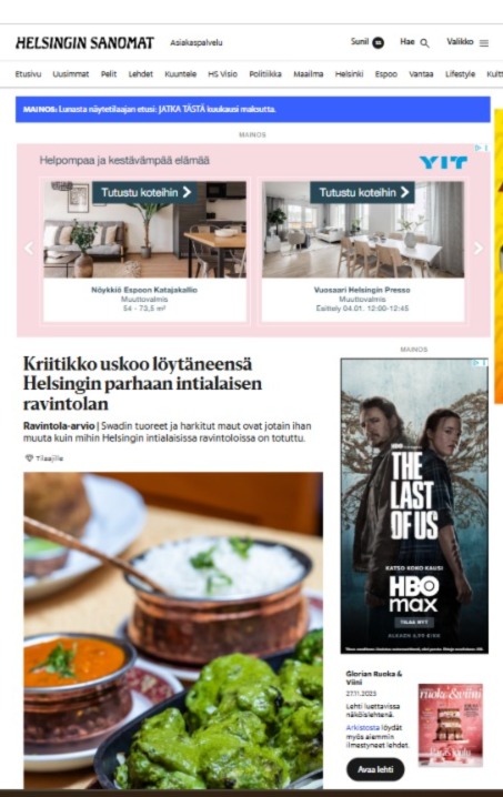 Helsinki Sanomat Published Report on Swad Indian Bistro  Bar Helsinki