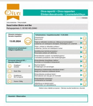 Swad Indian Bistro & Bar, Helsinki Official Food Inspector Certification (20/20)