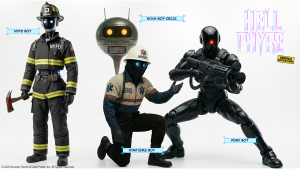 NYC 2036 surveillance: PDNY bots, NYFD bots, DynNova bot, and robotic EMTs patrol the streets.