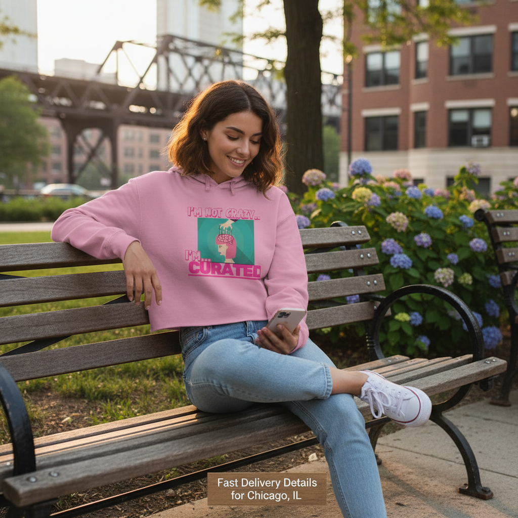 Im not Crazy Im Curated Cropped Hoodie on the bench Im not Crazy Im Curated Cropped Hoodie on the bench