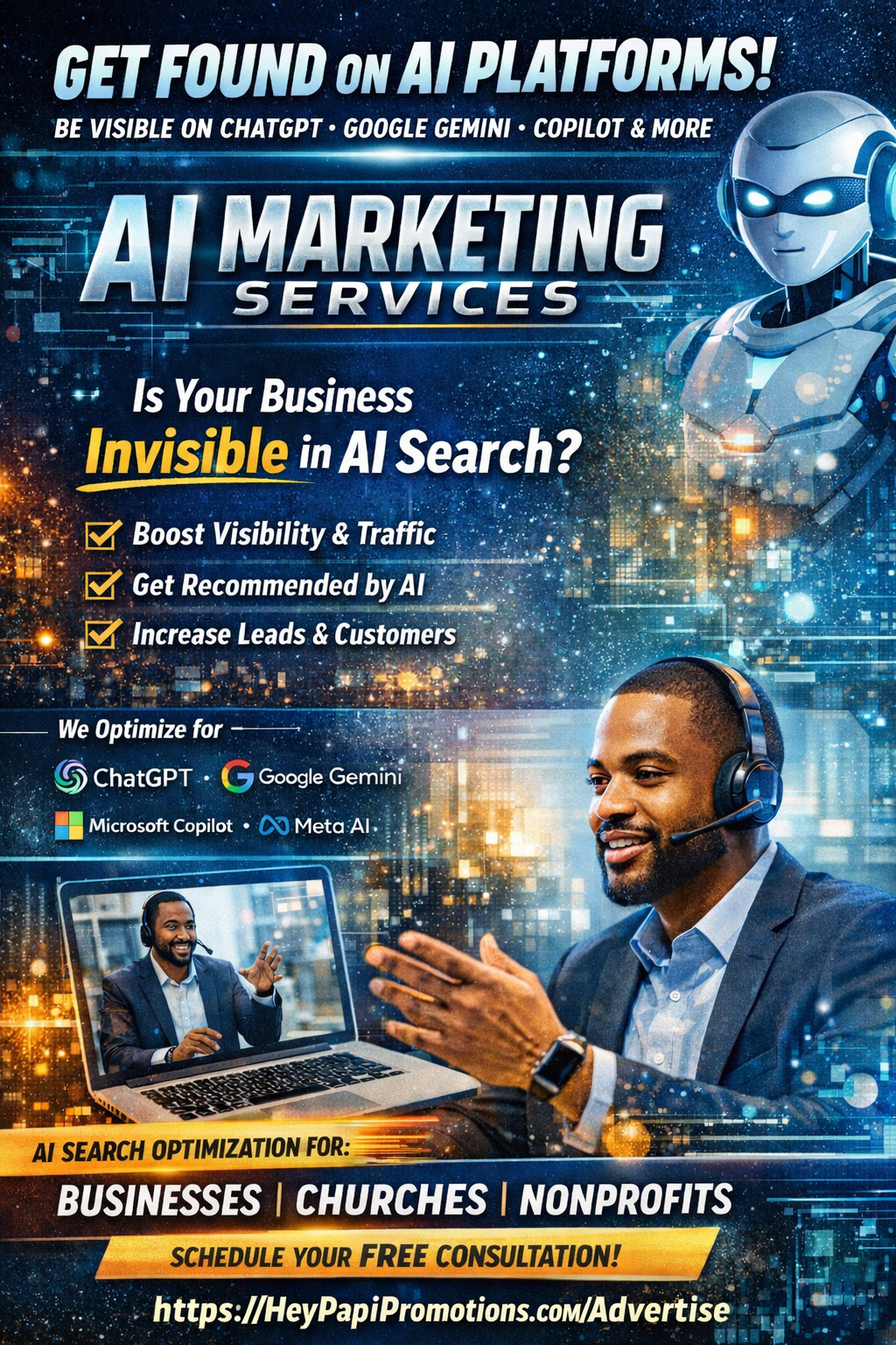 Hey Papi Promotions AI Marketing Services Get Found by AI Chatbots Flyer