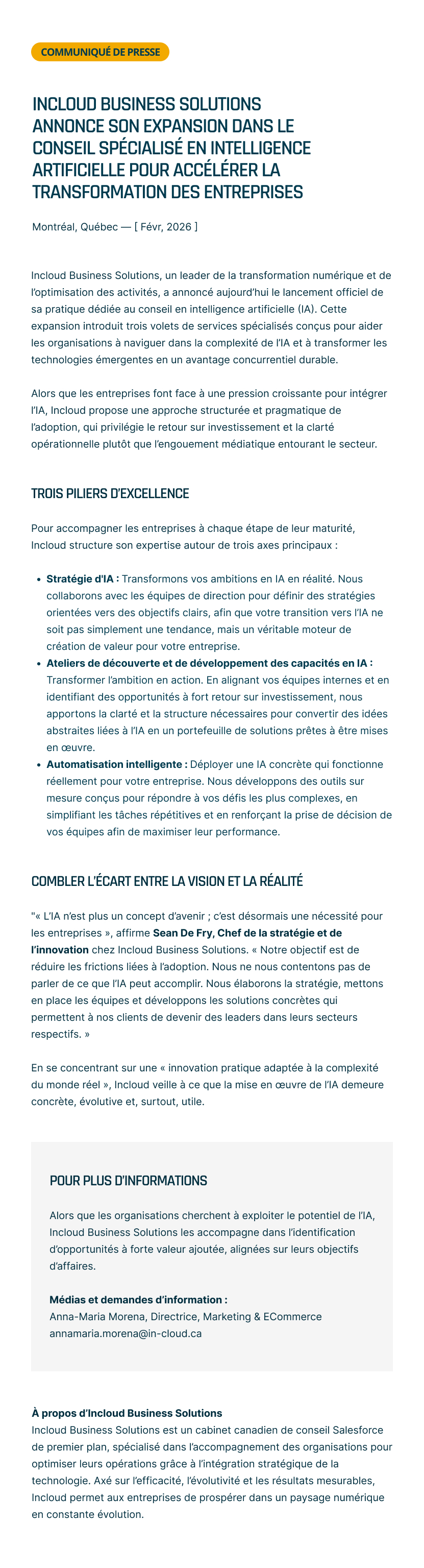 Incloud Business Solutions announces expansion into specialized AI consulting to drive business transformation