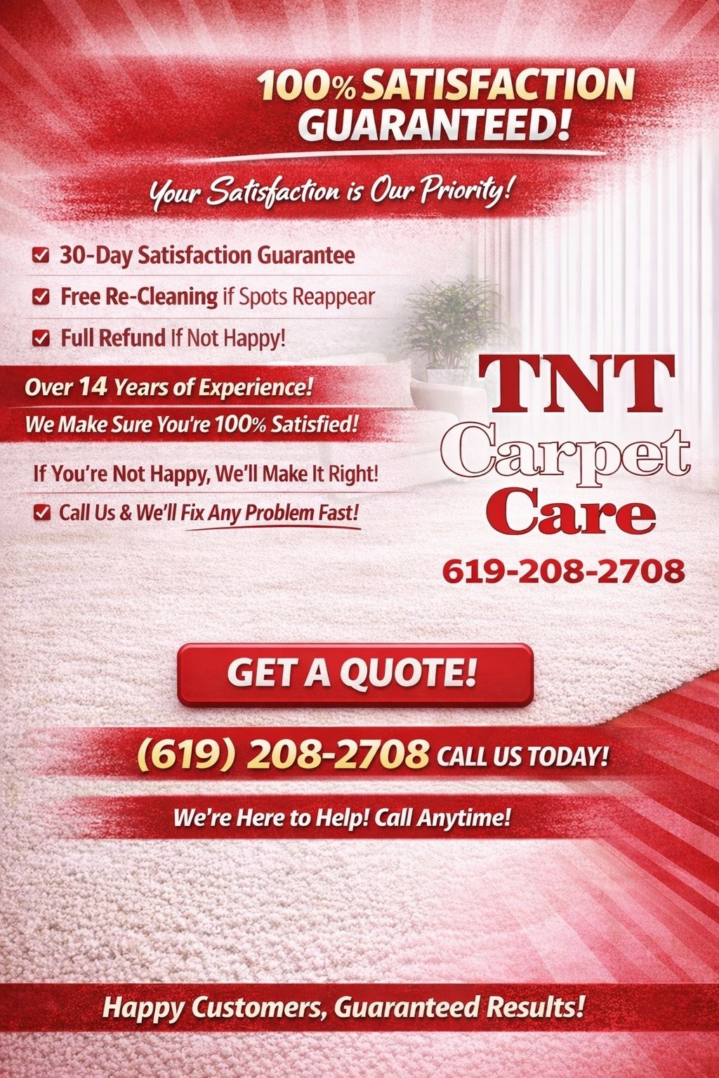 TNT Carpet Care in El Cajon CA Introduces No-Risk 30 Day Satisfaction Guarantee